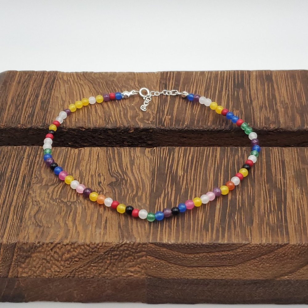 9 Inch 925 Sterling Silver Colorful Various Semi Precious Stones Ankle Bracelet